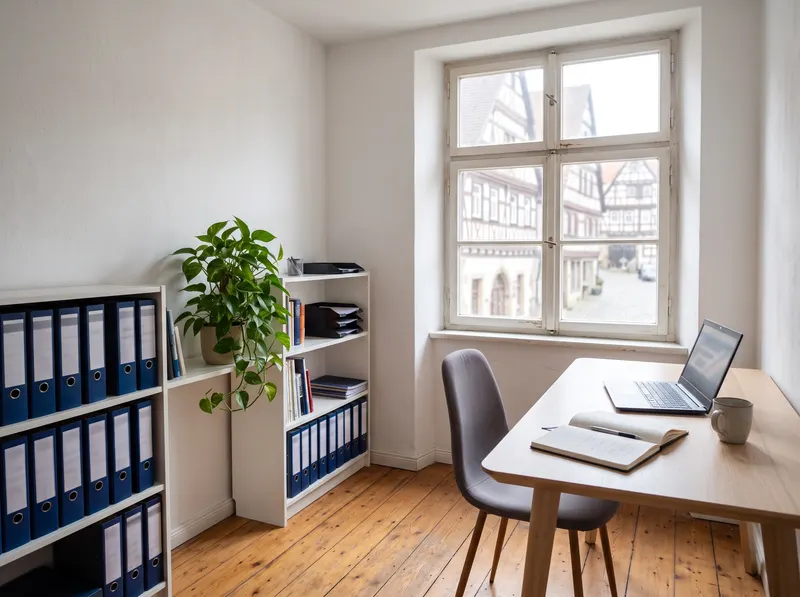 Helles kleines Büro mit Schreibtisch, Laptop und blauen Ordnern, Blick auf eine Altstadtstraße