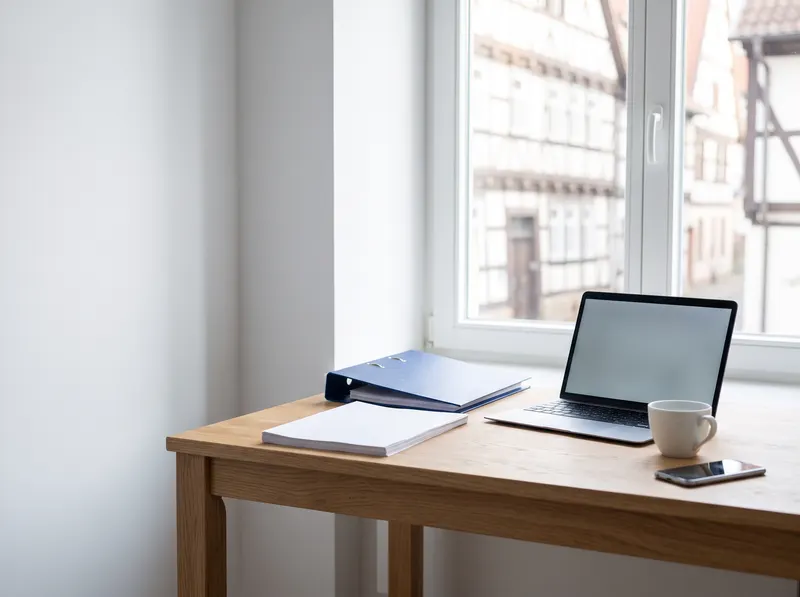 Heller Büroschreibtisch mit blauem Ordner, Laptop und Kaffeetasse am Fenster