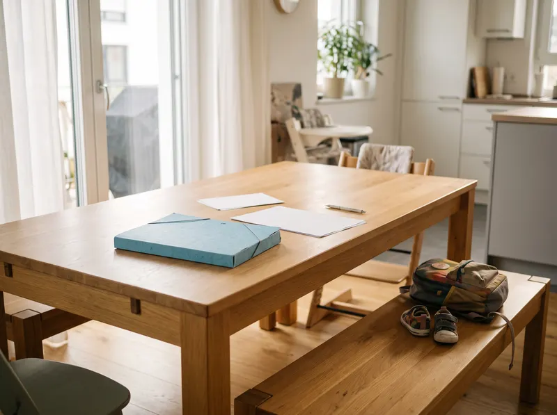 Küchentisch einer Familie mit blauer Mappe und Kinderschuhen