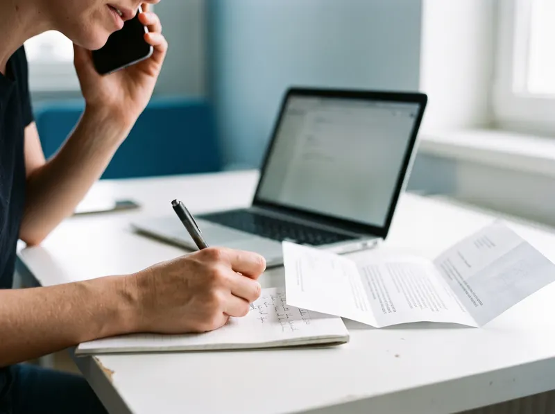 Telefonat mit dem Amt, daneben Notizblock und ein geöffneter Brief