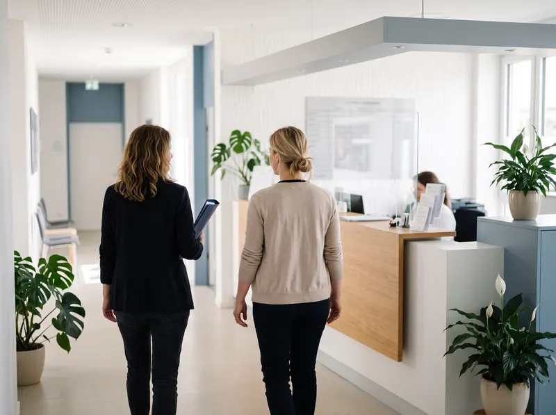 Zwei Frauen gehen mit einer blauen Mappe zur Anmeldung einer Arztpraxis
