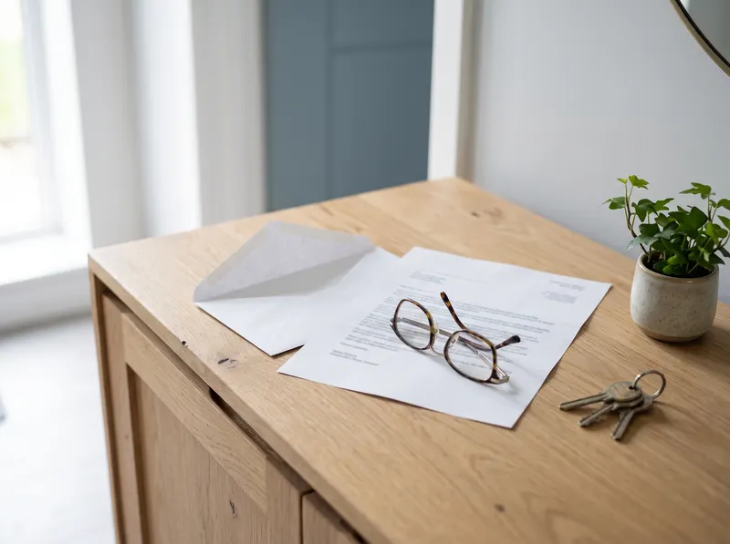 Geöffneter Brief vom Amt mit Brille auf einer Kommode